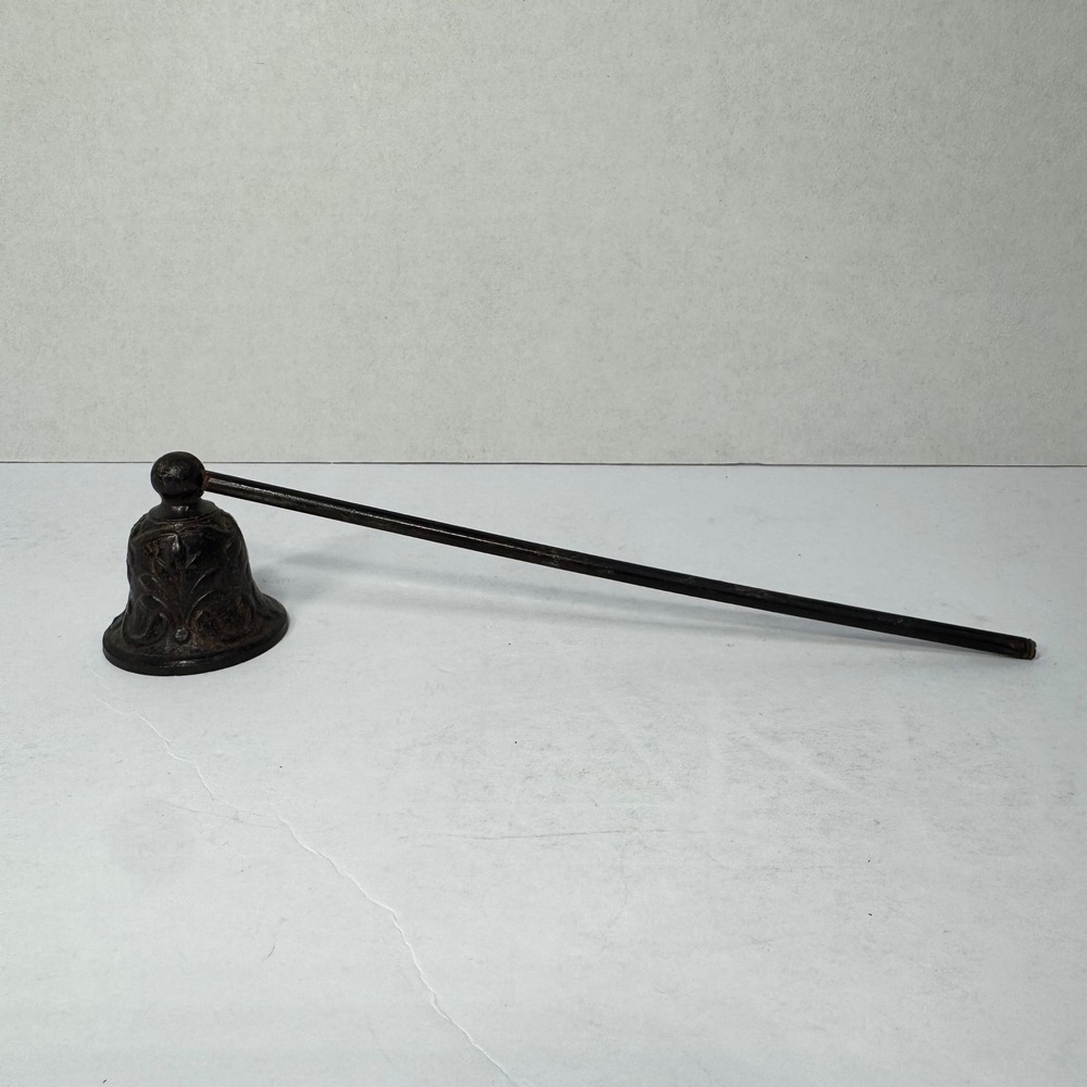 Vintage Cast Metal Bell Candle Snuffer Ornate Fleur-de-lis Dark Bronze 8 inch